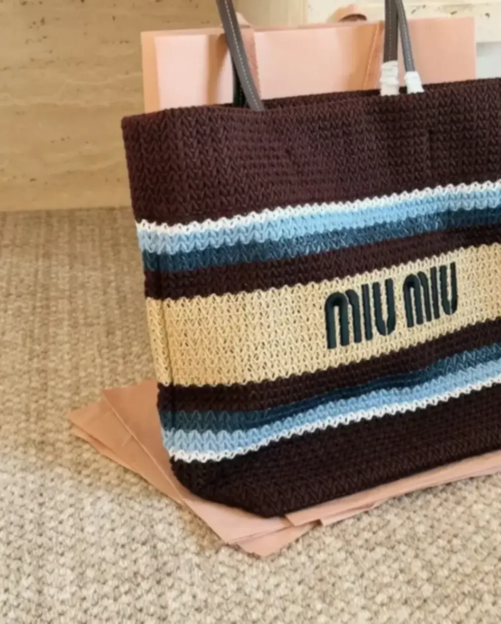 Miu Miu Brown Crochet Stripe Tote Bag
